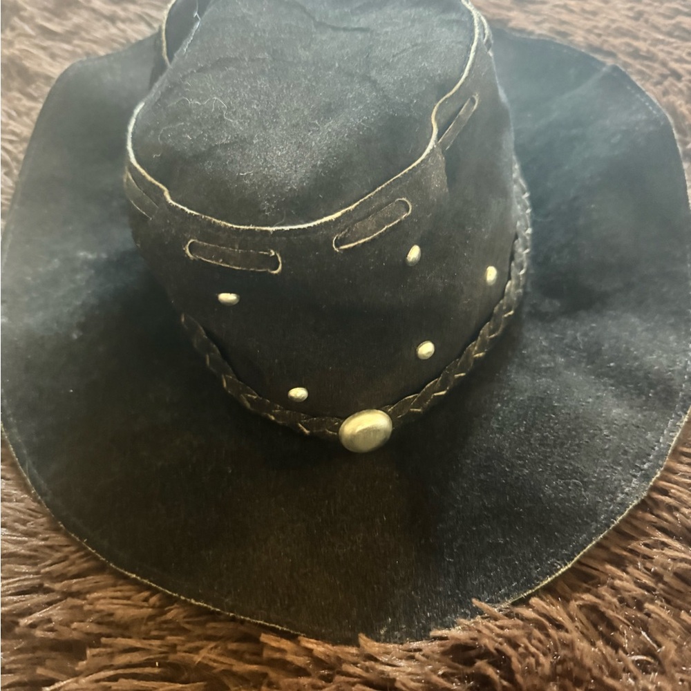 Boho Black Suede Leather Floppy Hat with Studs
